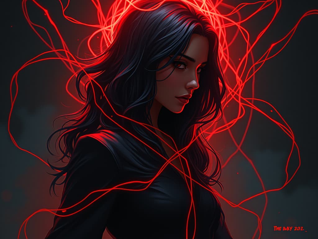  red silk threads, intricately woven, forming a delicate trap, glistening in the dim light, air of enticing danger. the style is digital art illustration / modern comic book / graphic dark novel fantasy and mysterious occult, symbolic, moody lighting, esoteric vibe,high detail on character design. for the color scheme emphasize blacks and reds.