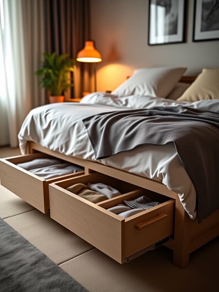  high quality portrait photo of an under bed storage system with pull out drawers and organizers, photographed in a cozy, well lit bedroom hyperrealistic, full body, detailed clothing, highly detailed, cinematic lighting, stunningly beautiful, intricate, sharp focus, f/1. 8, 85mm, (centered image composition), (professionally color graded), ((bright soft diffused light)), volumetric fog, trending on instagram, trending on tumblr, HDR 4K, 8K