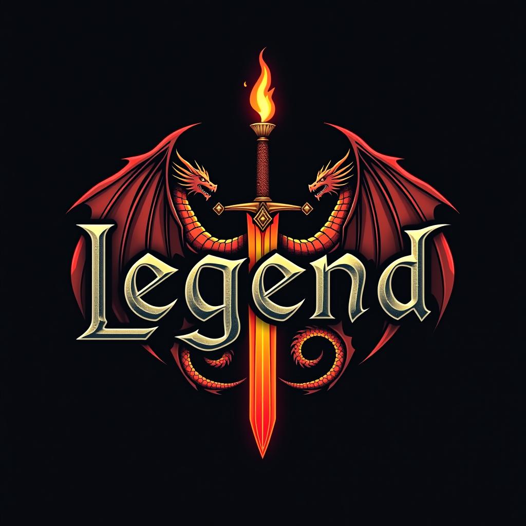  design a logo. custom sticker design on an isolated black background with the words ‘legend’ in bold font decorated by mythical dragons and a flaming sword