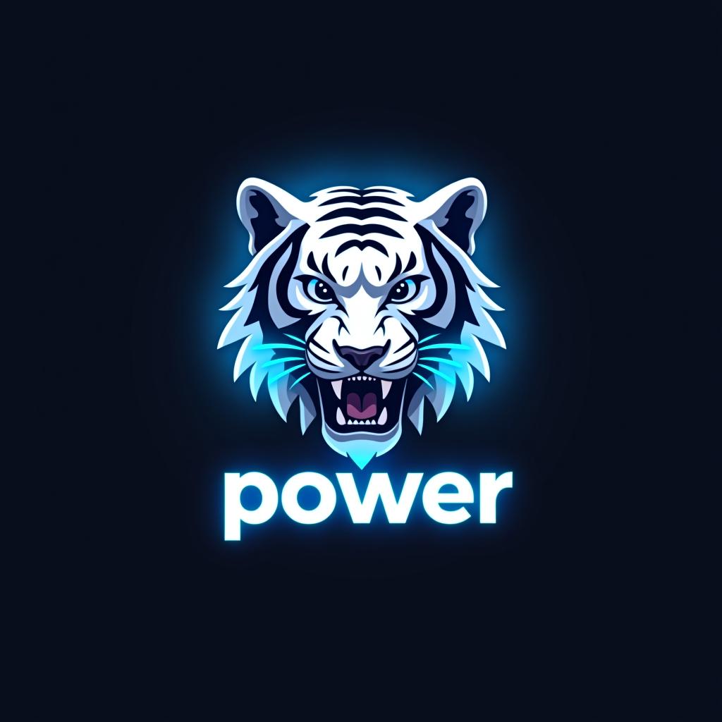  design a logo, a white tiger with blue lighting around it, with the text 'power'.