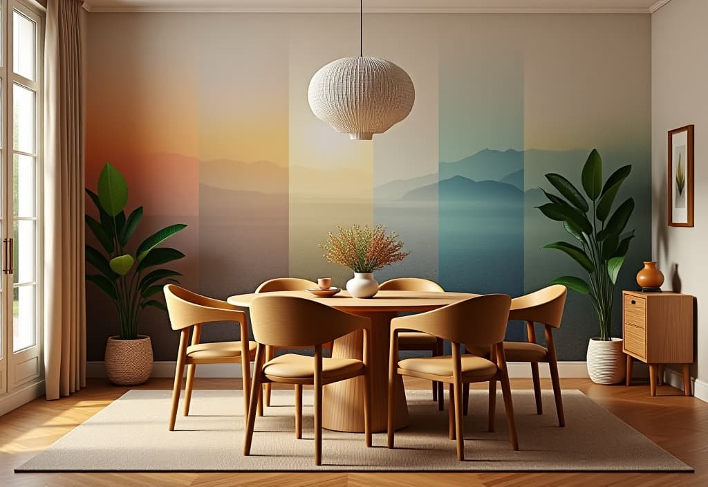  a landscape photo of a stylized infographic showing different wood tones of dining furniture paired with suggested wall color swatches, arranged in a visually appealing layout hyperrealistic, full body, detailed clothing, highly detailed, cinematic lighting, stunningly beautiful, intricate, sharp focus, f/1. 8, 85mm, (centered image composition), (professionally color graded), ((bright soft diffused light)), volumetric fog, trending on instagram, trending on tumblr, HDR 4K, 8K