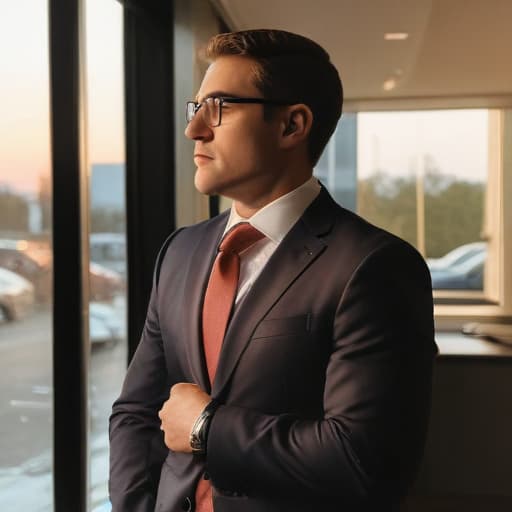 A photo of a powerful and confident car accident attorney deep in thought, standing in a sleek and modern legal office, during the golden hour with warm, soft lighting adding a touch of elegance to the professional setting.