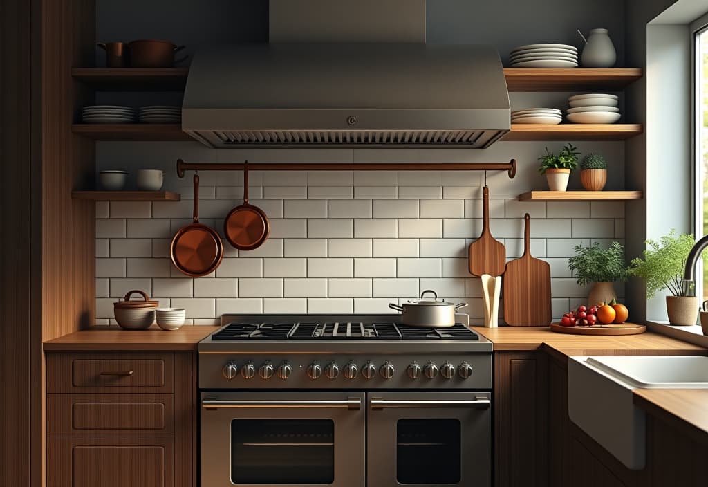  a landscape photo of a small kitchen with a professional grade range cooker, copper pots hanging from a ceiling rack, and a sleek vent hood, photographed straight on hyperrealistic, full body, detailed clothing, highly detailed, cinematic lighting, stunningly beautiful, intricate, sharp focus, f/1. 8, 85mm, (centered image composition), (professionally color graded), ((bright soft diffused light)), volumetric fog, trending on instagram, trending on tumblr, HDR 4K, 8K