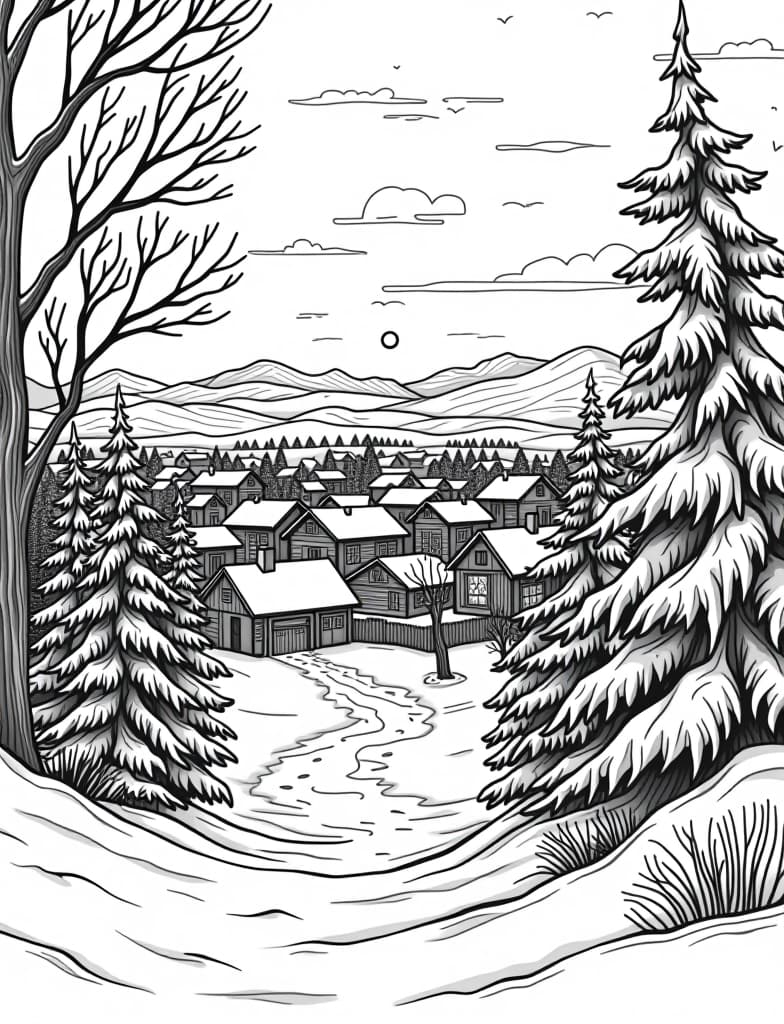  this is for an adult coloring page. a detailed black and white line art of a snowy winter sunrise over a snow covered town on a solid white background.