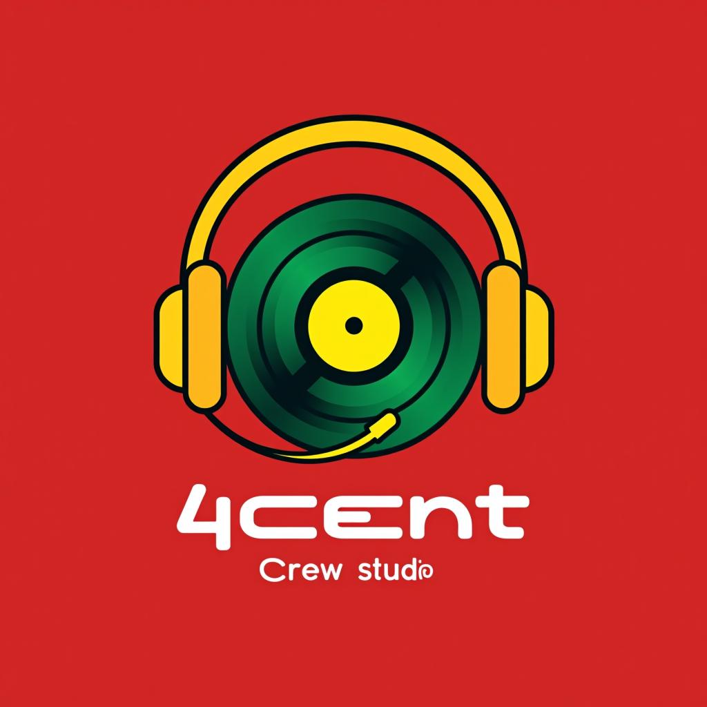  design a logo, logo d’un disque en vert et casque audio en jaune, fond rouge, with the text '4cent crew studio'.