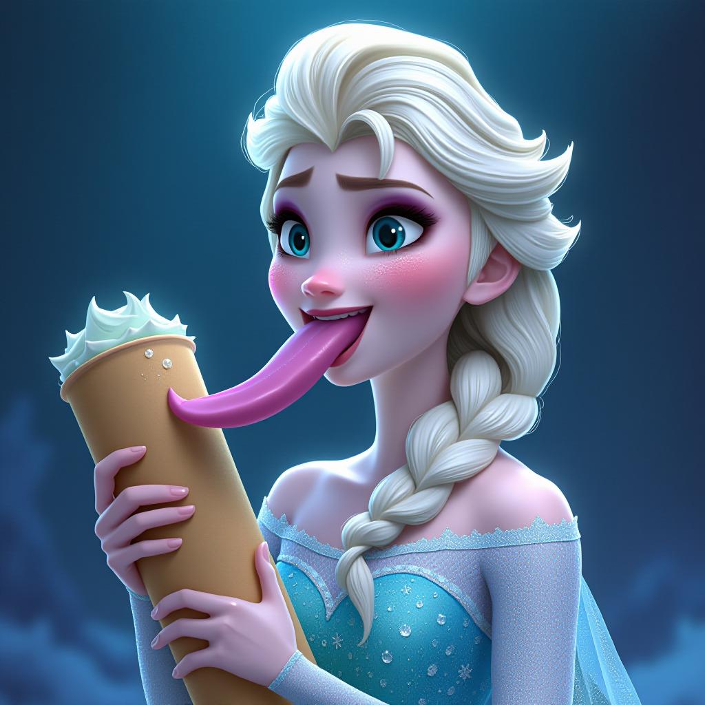  beautiful elsa the ice queen from frozen sticking her large flat tongue fully out, covered in sweat, holding a tan colored cylinder with a mushroom at the end, award winning, professional, highly detailed, masterpiece