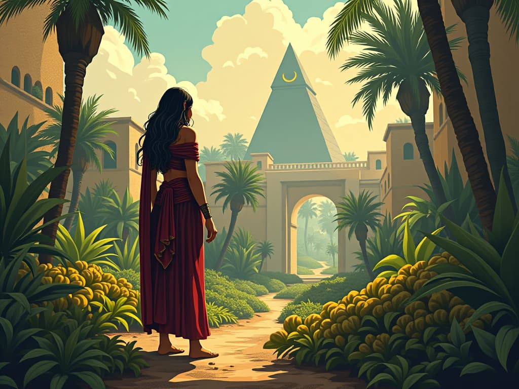  a beautiful oasis, villagers tending to plants, a large busted priestess overseeing, mood of inherent goodness in the world. the style is digital art illustration / modern comic book / mysterious occult, symbolic, esoteric vibe,high detail on character design, incorporating ancient egyptian symbology and attire.