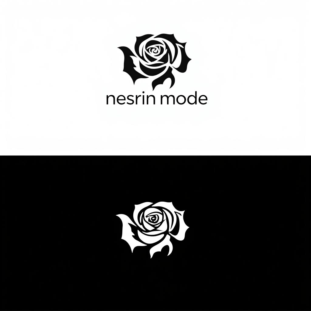  design a logo, erstelle mir ein logo für ein kleider laden elegant schwarz und weiss mit dem namen und eine rose über das bild , with the text 'nesrin mode '.