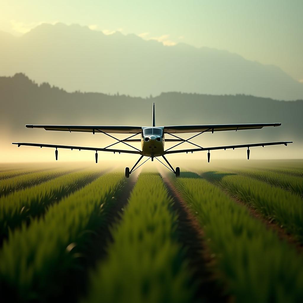  small aircraft irrigating fields with herbicides hyperrealistic, full body, detailed clothing, highly detailed, cinematic lighting, stunningly beautiful, intricate, sharp focus, f/1. 8, 85mm, (centered image composition), (professionally color graded), ((bright soft diffused light)), volumetric fog, trending on instagram, trending on tumblr, HDR 4K, 8K