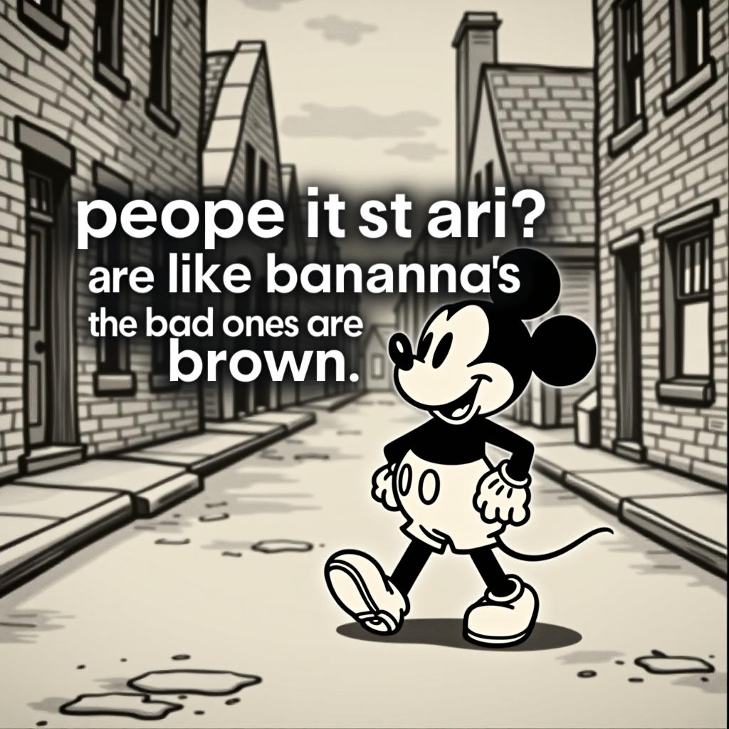  the image is a black and white, vintage style illustration that appears to be a reference to old animation, specifically in the style of early 20th century cartoons. the character in the image strongly resembles a famous animated mouse mickey mouse, depicted walking happily down a street lined with brick buildings. overlaid on the image is a bold, white text with a black outline that reads: "people are like bananas the bad ones are brown"