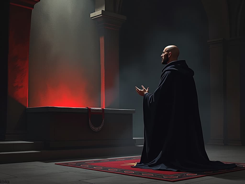  a humble monk in simple robes, praying before an altar, sense of humility, devotion.. the style is dark fantasy and mysterious occult, symbolic, moody lighting, esoteric vibe,high detail on character design. for the color scheme emphasize blacks and reds.