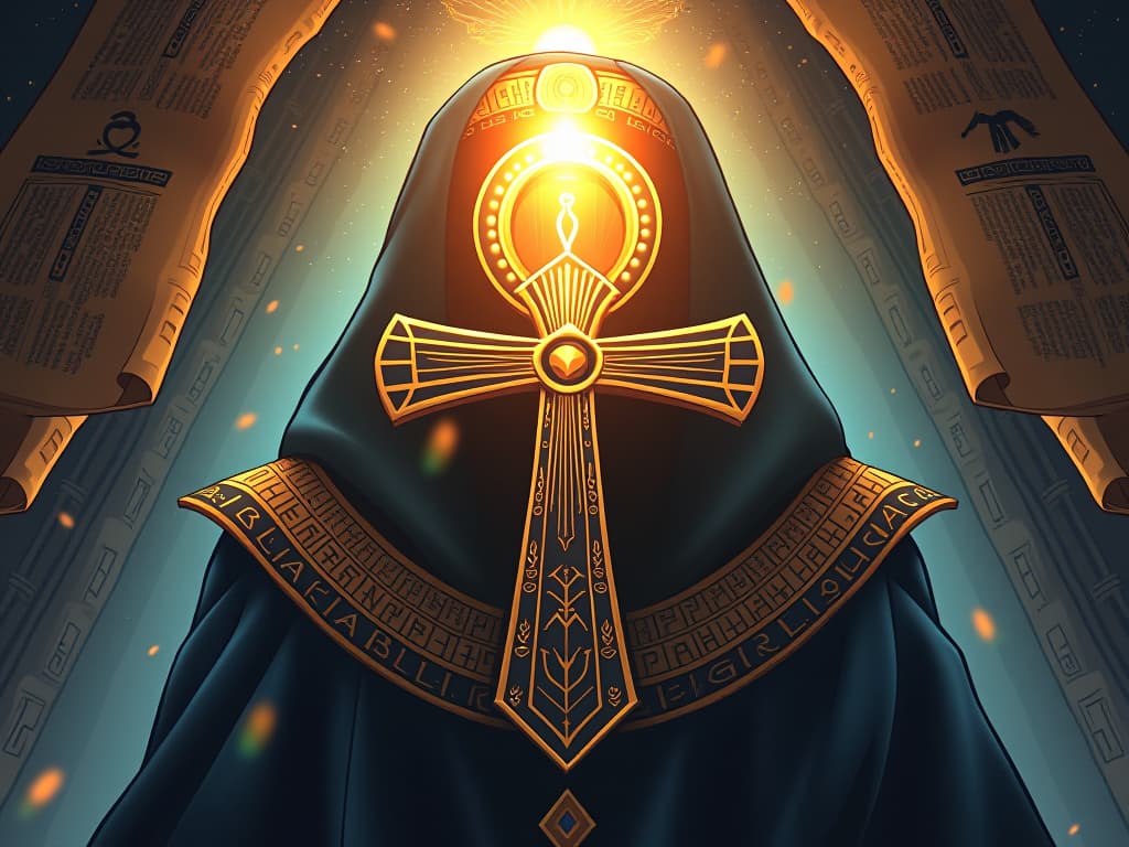  a close up of an ankh symbol, intricately designed with hieroglyphs, glowing with a celestial light, set against a backdrop of ancient scrolls and mystical auras, symbolizing divine attributes.. the style is digital art illustration / modern comic book / mysterious occult, symbolic, esoteric vibe,high detail on character design, incorporating ancient egyptian symbology and attire.