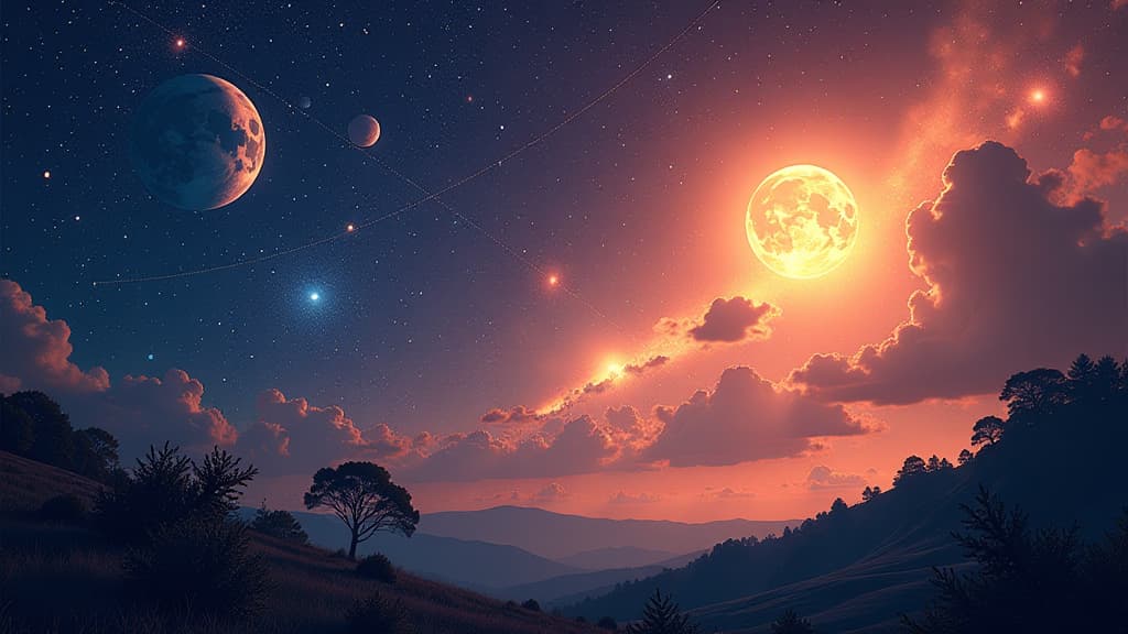  prompt: create a hyper realistic and detailed image capturing the celestial phenomena of july 2023. the composition should feature a vibrant starry sky filled with mars and venus bidding farewell, earth at its farthest point from the sun, and the summer triangle constellation with vega, deneb, and altair shining brightly. include elements symbolizing earth's aphelion and perihelion, such as earth at its closest distance to the sun. ensure every pixel showcases maximum clarity, emphasizing the be