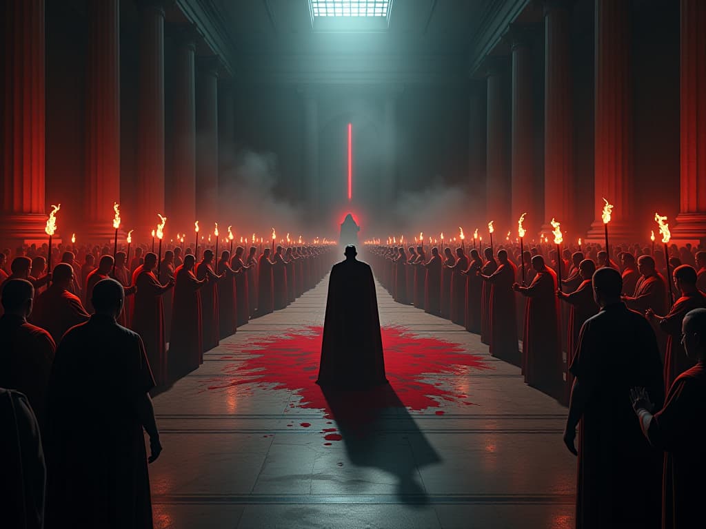  aftermath of caesar's assassination, chaos erupting in the senate, brutus at the center, senators in panic, bloodstained floor, torches casting eerie shadows, aura of regret.. the style is dark fantasy and mysterious occult, symbolic, moody lighting, esoteric vibe,high detail on character design. for the color scheme emphasize blacks and reds.