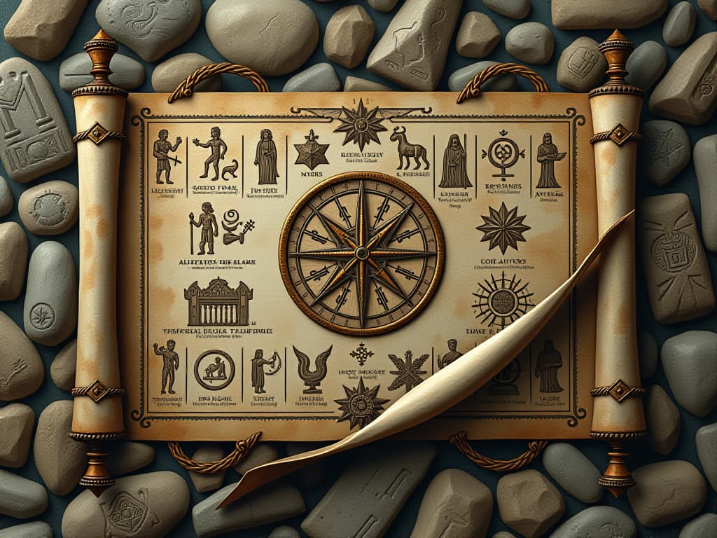  ancient scrolls with biblical, mythological, and historical symbols, intricately carved stone tablets, ancient wisdom, timeless knowledge. an illustration in the style of a worn, mystical old tarot trump card, mysterious and elements of surrealism. the colors are muted, somber and eerie, but with contrast bring out an occult and esoteric vibe.