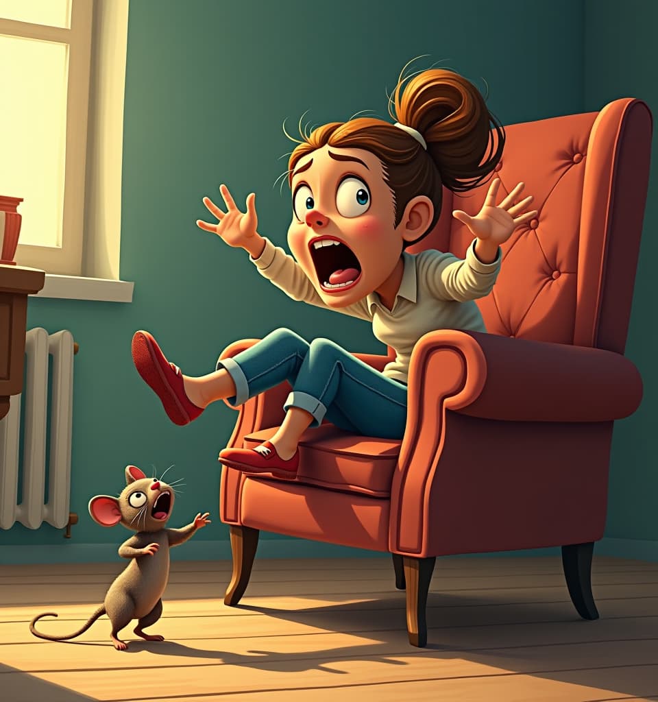  hyperrealistic art a humorous illustration. a very frightened woman jumped onto a chair with her feet, which is being chased by a small mouse. (a cat laughs in the background:1.3). exaggerated facial expressions and movements, body language, bright colors, cartoon style. . extremely high resolution details, photographic, realism pushed to extreme, fine texture, incredibly lifelike hyperrealistic, full body, detailed clothing, highly detailed, cinematic lighting, stunningly beautiful, intricate, sharp focus, f/1. 8, 85mm, (centered image composition), (professionally color graded), ((bright soft diffused light)), volumetric fog, trending on instagram, trending on tumblr, HDR 4K, 8K