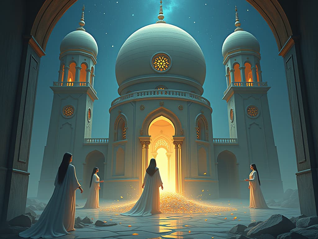  an ethereal palace, beings in flowing robes find their once composed facades crumbling. glowing shards fall from their forms, the scene one of disintegration and vulnerability beneath a starlit sky.. the style is digital art illustration,highly detailed, whimsical,magical, dreamlike atmosphere, realism and fantasy blend, smooth, glossy textures,luminous quality, wonder and enchantment.