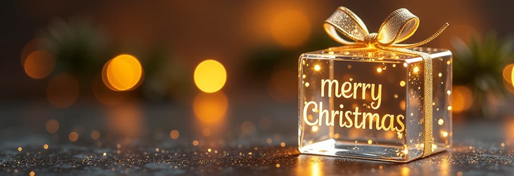  transparent glass christmas gift with glass bow, golden glowing text “merry christmas”, festive gold bokeh background ar 3:1 {prompt}, maximum details