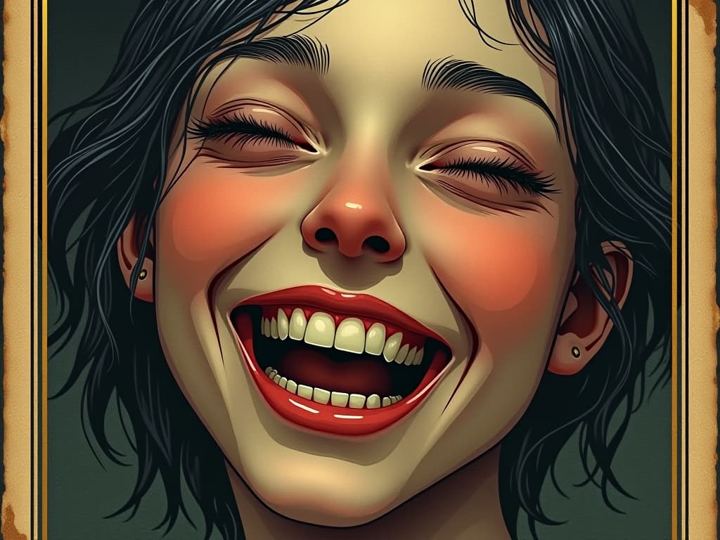  pure joy, unfiltered, close up of a laughing face, eyes crinkled in genuine happiness, soft lighting highlighting facial features, rosy cheeks, warm atmosphere. an illustration in the style of a worn, mystical old tarot trump card, mysterious and elements of surrealism. the colors are muted, somber and eerie, but with contrast bring out an occult and esoteric vibe.