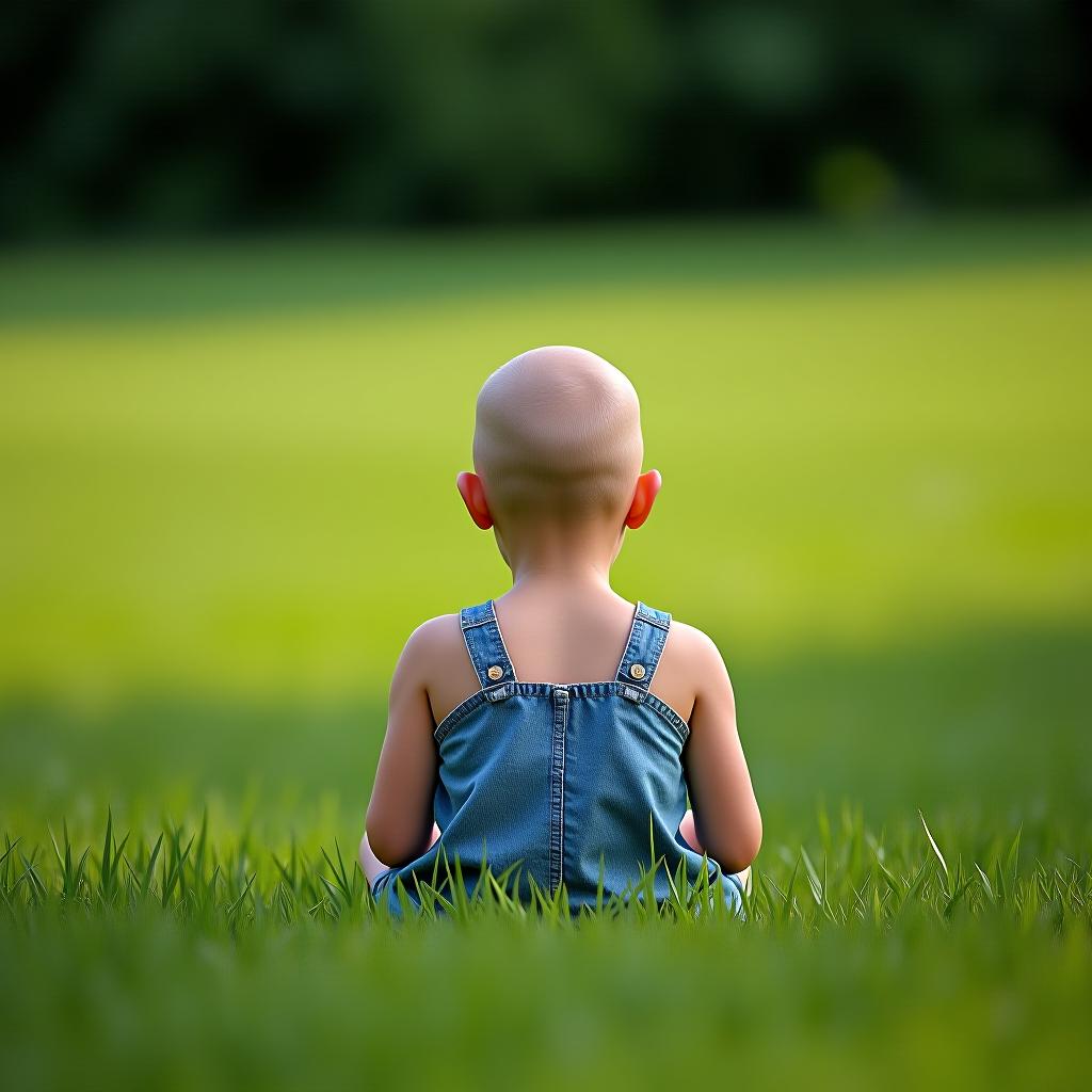  a bald girl is sitting on a field of green grass, facing away from the camera.