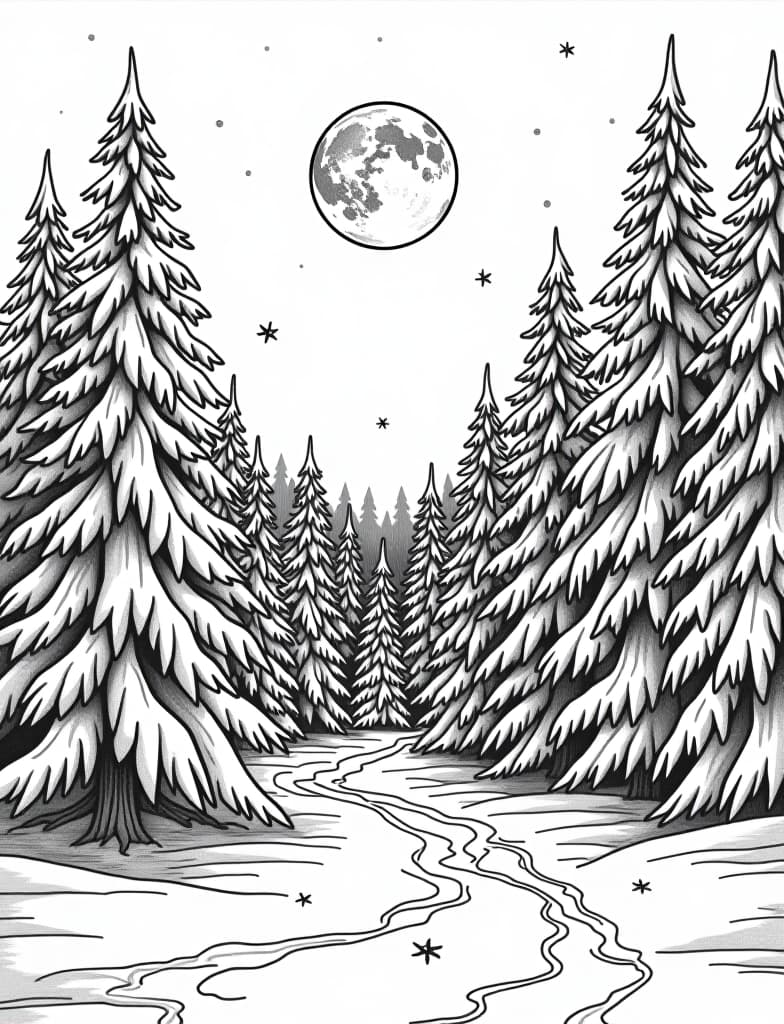  this is for an adult coloring page. a detailed black and white line art of a snowy winter moonlight shining on a snow covered forest on a solid white background.