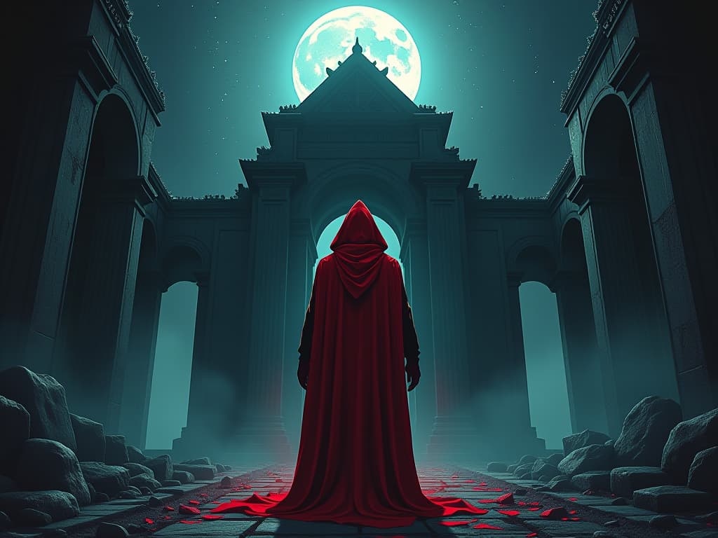  hooded figure in red standing before an ancient, ruined temple, moonlight filtering through, aura of understanding and rectification. the style is digital art illustration / modern comic book / graphic dark novel fantasy and mysterious occult, symbolic, moody lighting, esoteric vibe,high detail on character design. for the color scheme emphasize blacks and reds.