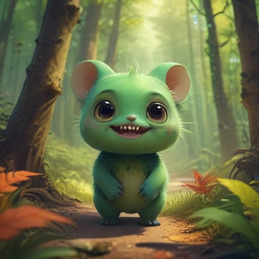 In a whimsical digital art style reminiscent of Akina Fujiwara, create an image of a mischievous creature named Kokis. This creature is a small, impish being with bright green skin and a wide grin, surrounded by swirling laughter. Its eyes sparkle with mischief as it plays tricks on unsuspecting passersby. The background is a vibrant forest filled with colorful foliage and magical creatures. Show Kokis using its attribute of laugh to create chaos and joy wherever it goes. fantastical creatures or characters inspired by mythology, folklore, or popular culture. use vibrant colors, sharp lines, intricate details, dynamic poses, dramatic lighting, atmospheric backgrounds, and blend anime, manga, and Western comic influences.