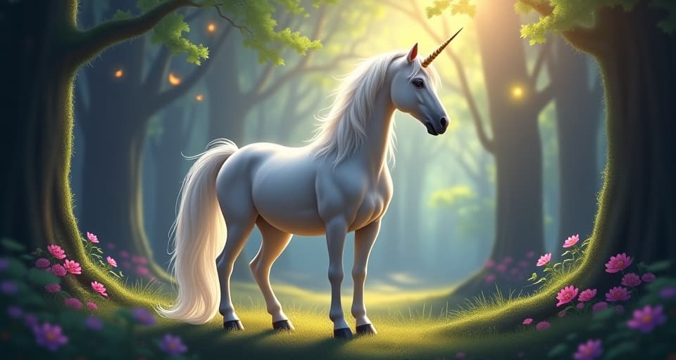  ethereal unicorn, standing regally in an enchanted forest, shimmering with light. embodying independence, breaking free from limitations, serene and radiant atmosphere.. the style is digital art illustration,highly detailed, whimsical,magical, dreamlike atmosphere, realism and fantasy blend, smooth, glossy textures,luminous quality, wonder and enchantment.