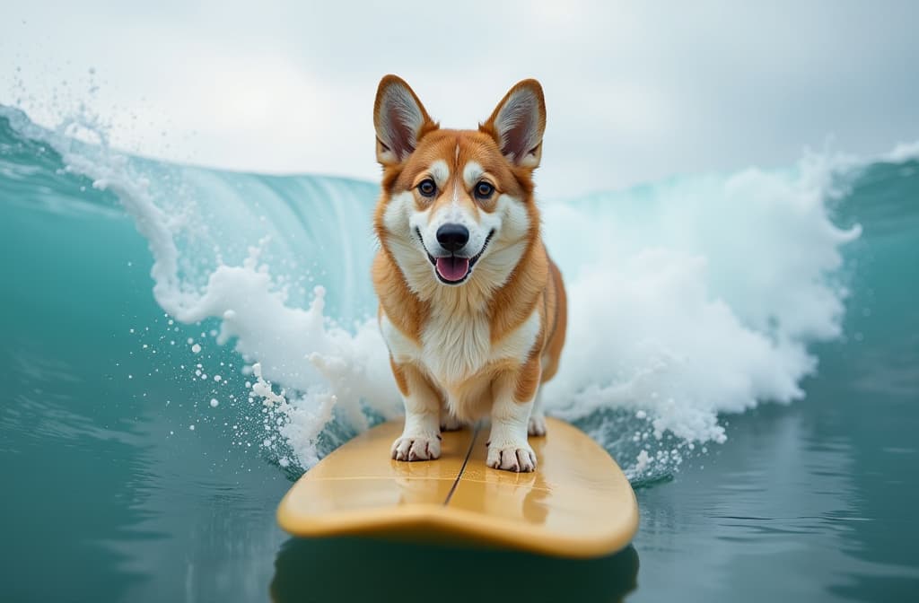  professional detailed photography, husky dog surfing on board and looking at camera. on both sides of the corgi are huge waves with water drops and splashes ar 3:2, (muted colors, dim colors, soothing tones), (vsco:0.3)