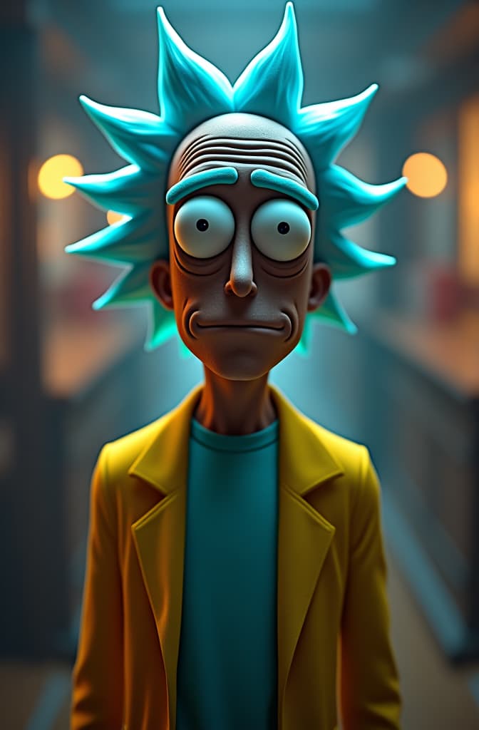  rick and morty hyperrealistic, full body, detailed clothing, highly detailed, cinematic lighting, stunningly beautiful, intricate, sharp focus, f/1. 8, 85mm, (centered image composition), (professionally color graded), ((bright soft diffused light)), volumetric fog, trending on instagram, trending on tumblr, HDR 4K, 8K