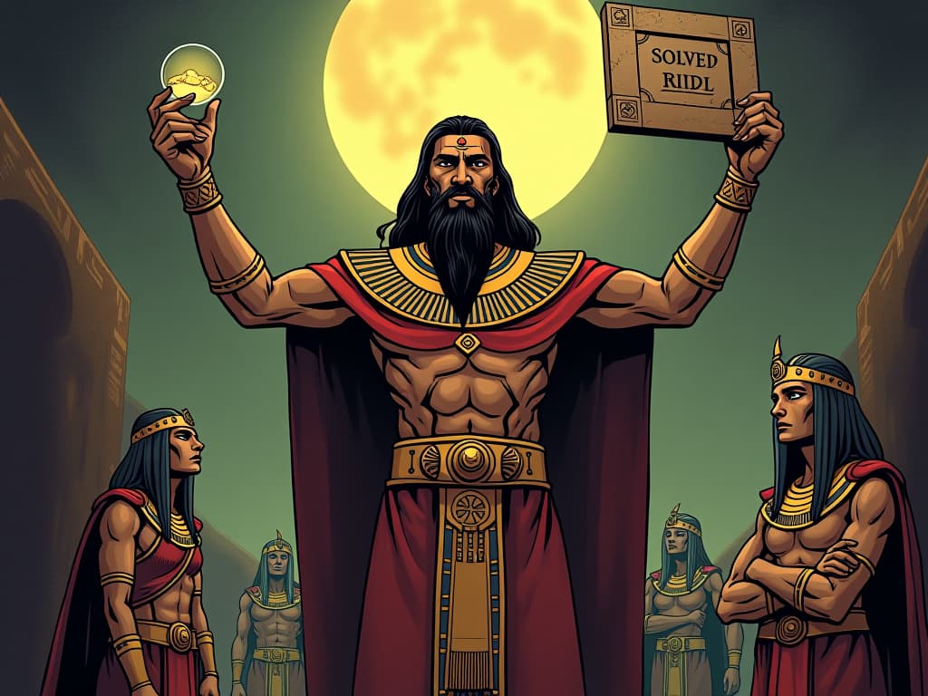  melampus, standing victorious over a solved riddle, ancient stone tablet in hand, surrounded by figures seeking guidance. the style is digital art illustration / modern comic book / mysterious occult, symbolic, esoteric vibe,high detail on character design, incorporating ancient egyptian symbology and attire.