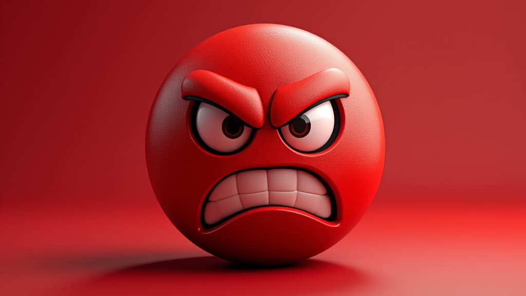  round 3d red angry emoji face on a red background. high resolution, high quality, high details, hd, perfect composition, 4k epic detailed, highly detailed, sharp focus, high resolution