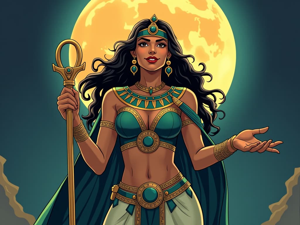  large busted priestess with a radiant smile, holding an ankh, guiding path for others, full moon lighting the way, future transformation symbolized. the style is digital art illustration / modern comic book / mysterious occult, symbolic, esoteric vibe,high detail on character design, incorporating ancient egyptian symbology and attire.