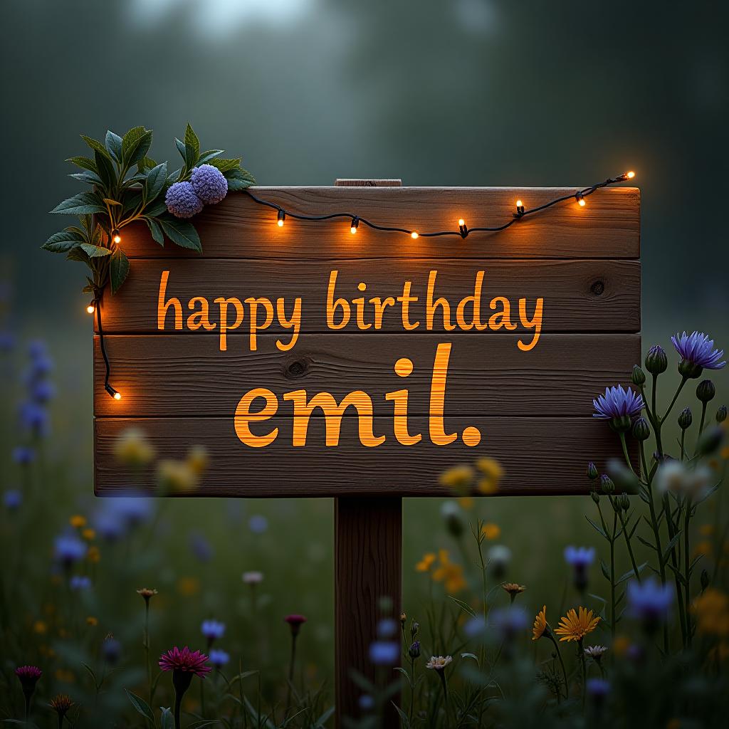  rustic wooden sign with "happy birthday emil!" burned into the wood, surrounded by fairy lights and wildflowers hyperrealistic, full body, detailed clothing, highly detailed, cinematic lighting, stunningly beautiful, intricate, sharp focus, f/1. 8, 85mm, (centered image composition), (professionally color graded), ((bright soft diffused light)), volumetric fog, trending on instagram, trending on tumblr, HDR 4K, 8K