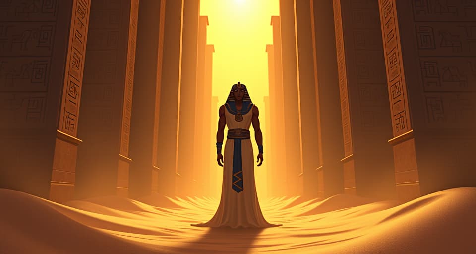  a pharaoh standing in a temple, surrounded by flowing sands of time, hieroglyphs on the walls, eternal. the style is digital art illustration / modern comic book / mysterious occult, symbolic, esoteric vibe,high detail on character design, incorporating ancient egyptian symbology and attire.