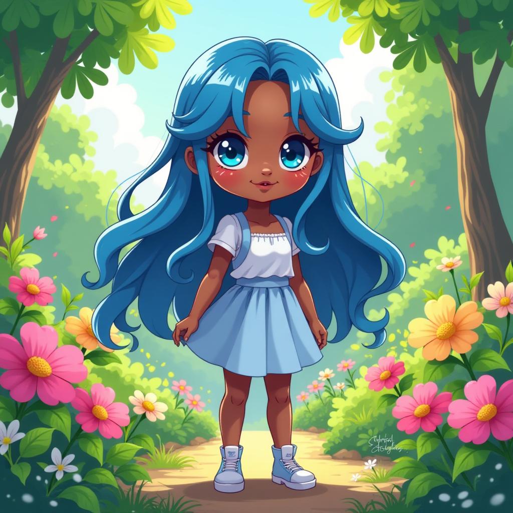  a cute girl with black skin, striking blue eyes, and long flowing blue hair stands in a vibrant, colorful garden. she wears a fashionable, adorable outfit that complements her whimsical personality. the garden is lush with blooming flowers in various colors, green foliage, and dappled sunlight filtering through the leaves, all rendered in a charming anime style.