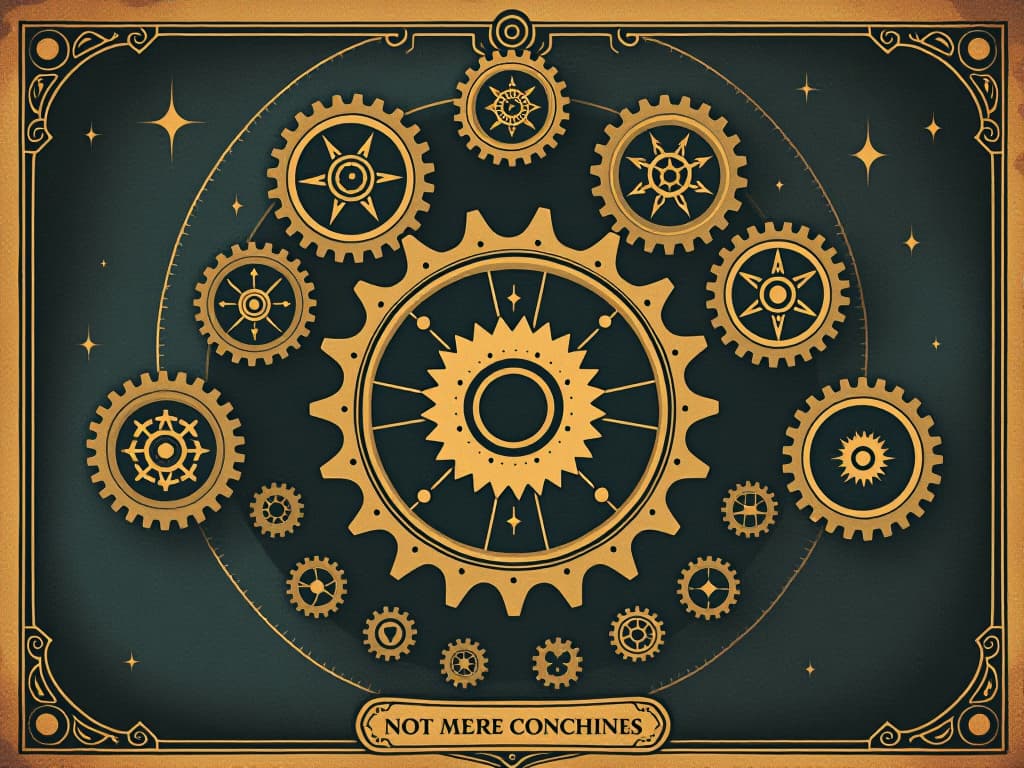  a series of interconnected gears within a grand cosmic machine, not mere coincidences, intricate mechanics, universal order. an illustration in the style of a worn, mystical old tarot trump card, mysterious and elements of surrealism. the colors are muted, somber and eerie, but with contrast bring out an occult and esoteric vibe.