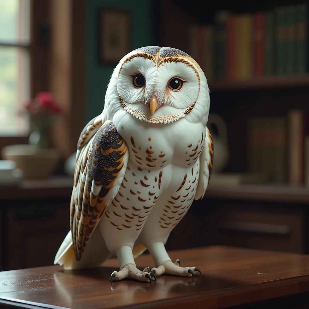  a white spotted owl sitting on the table hyperrealistic, full body, detailed clothing, highly detailed, cinematic lighting, stunningly beautiful, intricate, sharp focus, f/1. 8, 85mm, (centered image composition), (professionally color graded), ((bright soft diffused light)), volumetric fog, trending on instagram, trending on tumblr, HDR 4K, 8K