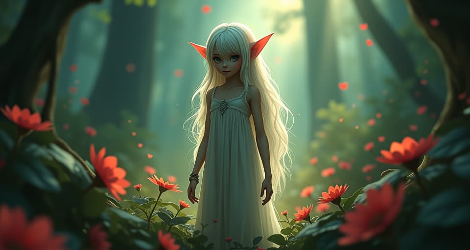  mystical elf standing amid glowing forest flora, layers of shimmering light enveloping her figure; her eyes focused intently, fully grounded in the magical atmosphere.. the style is digital art illustration,highly detailed, whimsical,magical, dreamlike atmosphere, realism and fantasy blend, smooth, glossy textures,luminous quality, wonder and enchantment.