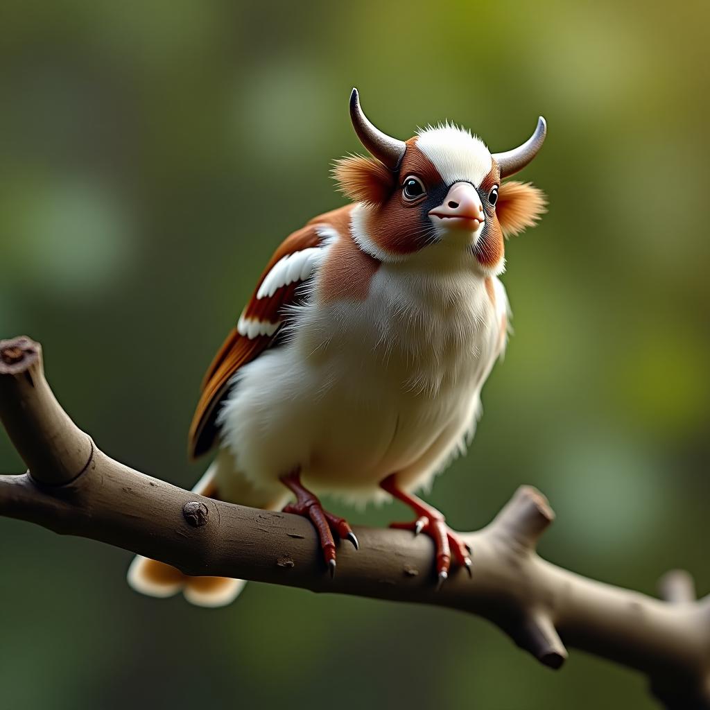  hybrid between a house sparrow and a cow, the small, agile body of a house sparrow with the head of a cow, perched on a tree branch, hyper realistic, action scene, cinematic, perfect textures, tilt shift effect.