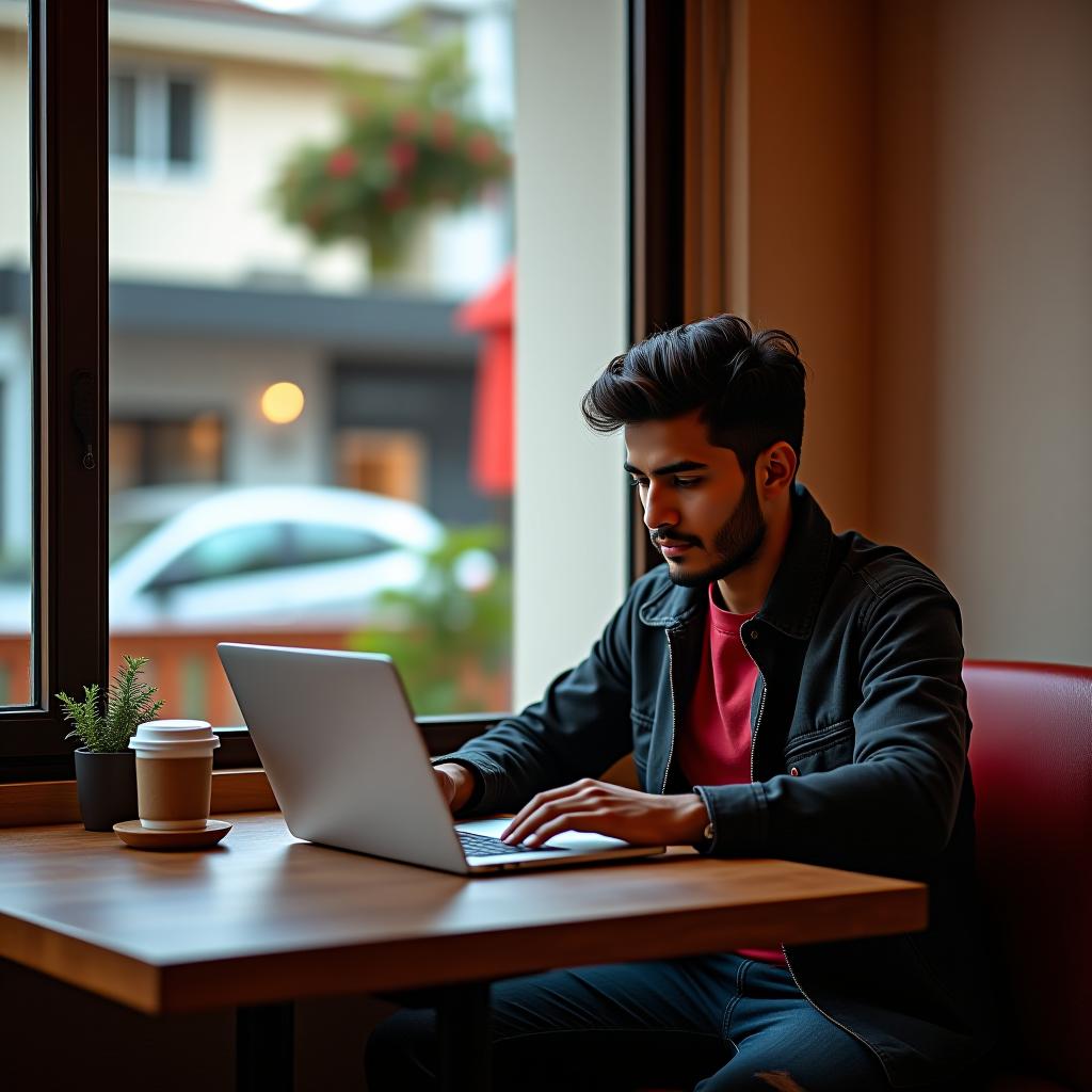  image of a nepali guy sitting in a cafe working on his laptop, beautiful traditional nepali cafe