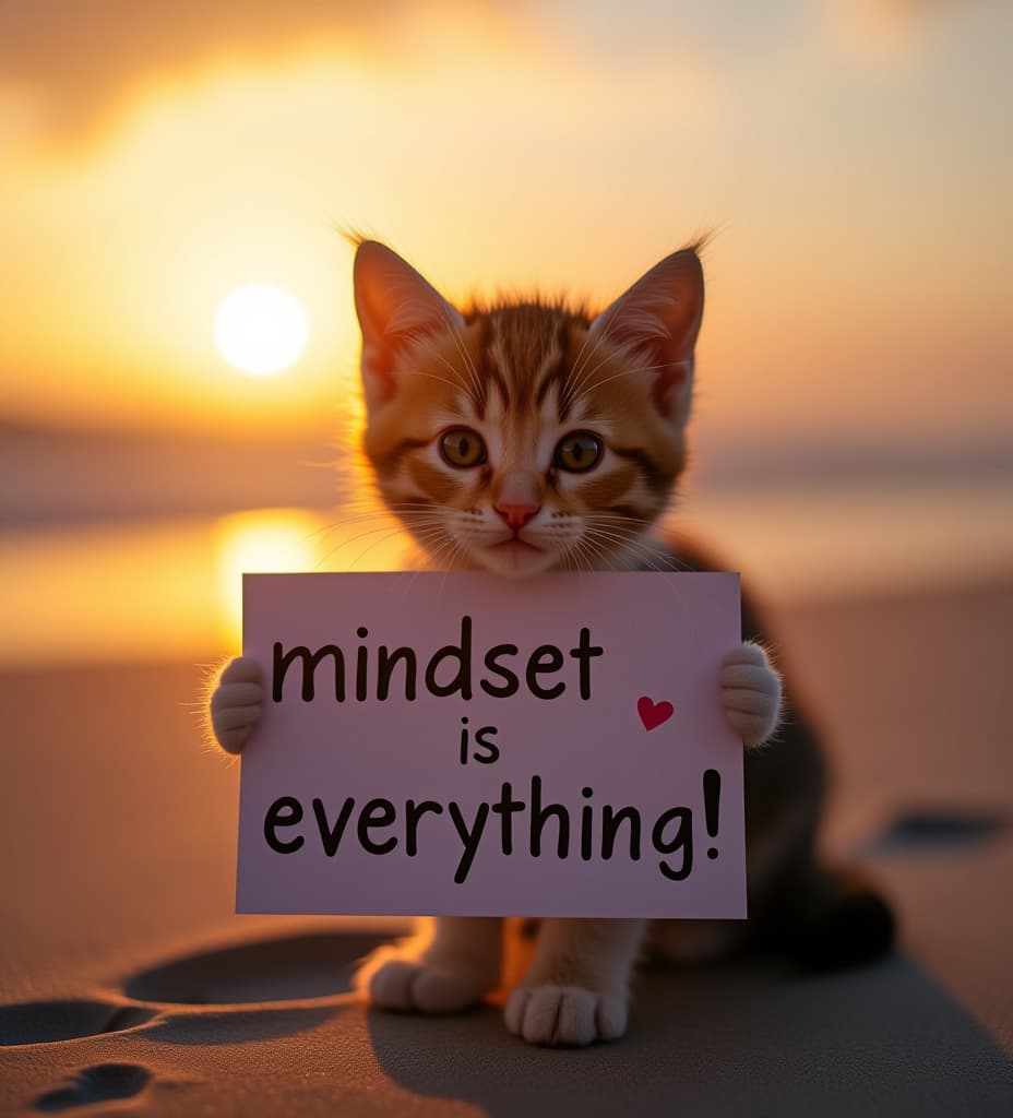  a kitten at a beach, sunset, holding a sign that says "mindset is everything!