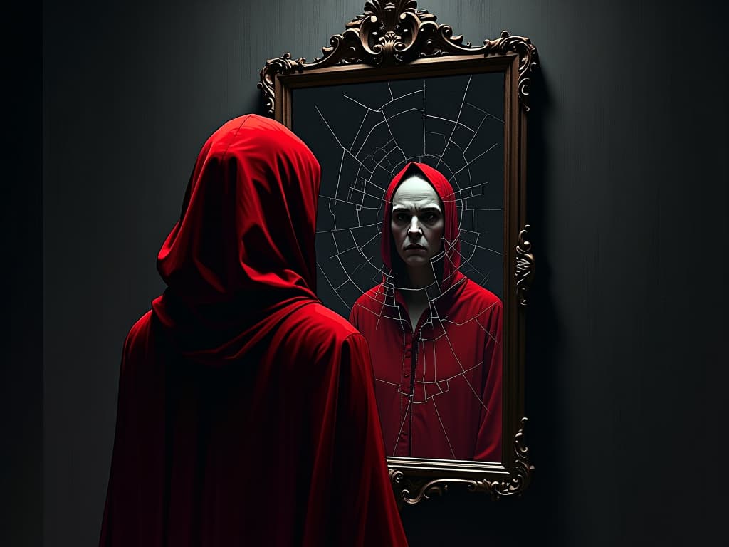  person in red, looking at their reflection in a broken mirror, dark room, mood of self confrontation. the style is digital art illustration / modern comic book / graphic dark novel fantasy and mysterious occult, symbolic, moody lighting, esoteric vibe,high detail on character design. for the color scheme emphasize blacks and reds.