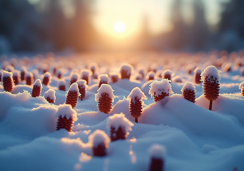  winter season outdoors landscape, frozen plants in nature on the ground covered with ice and snow, under the morning sun seasonal background for christmas wishes and greeting card