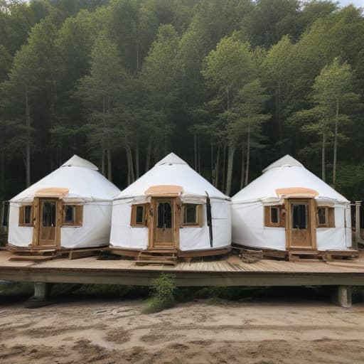 Produce a panoramic photo of three white 30 foot round yurts with brown wood, framed doors and windows sitting on wooden decks in the forest just above a beach each at a slightly different elevation