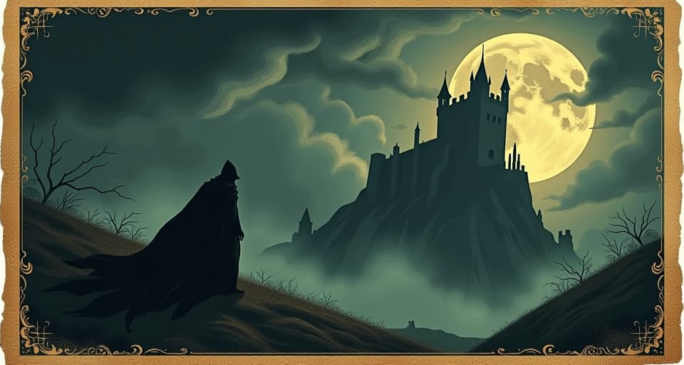  a sinister shadow creeping towards a looming fortress, silhouetted by faint moonlight, dark clouds swirling, ominous, foreboding, tension. an illustration in the style of a worn, mystical old tarot trump card, mysterious and elements of surrealism. the colors are muted, somber and eerie, but with contrast bring out an occult and esoteric vibe.