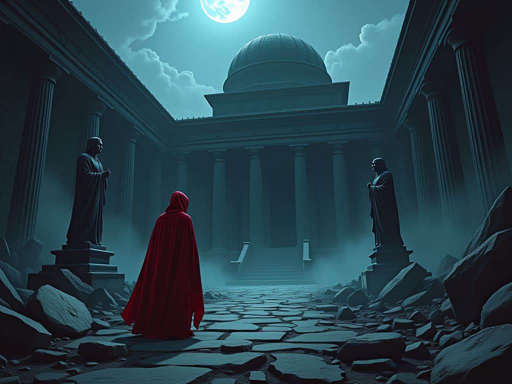  desolate temple ruins, red robed figure standing amid debris, crumbling statues, atmosphere of regret and loss. the style is digital art illustration / modern comic book / graphic dark novel fantasy and mysterious occult, symbolic, moody lighting, esoteric vibe,high detail on character design. for the color scheme emphasize blacks and reds.