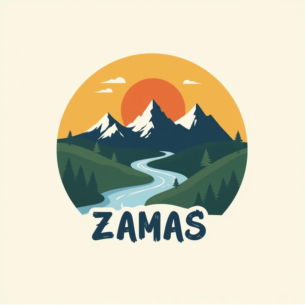  design a logo, has un logo con un sol, montañas, una cueva y un rio, with the text 'zamas'.