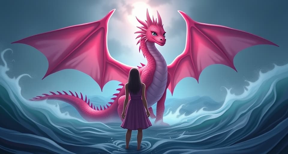  the chosen one and pink dragon standing firmly together, facing a turbulent storm, symbolizing times of emotional turmoil, the dragon’s energy providing strength and grace. the style is digital art illustration,highly detailed, whimsical,magical, dreamlike atmosphere, realism and fantasy blend, smooth, glossy textures,luminous quality, wonder and enchantment.