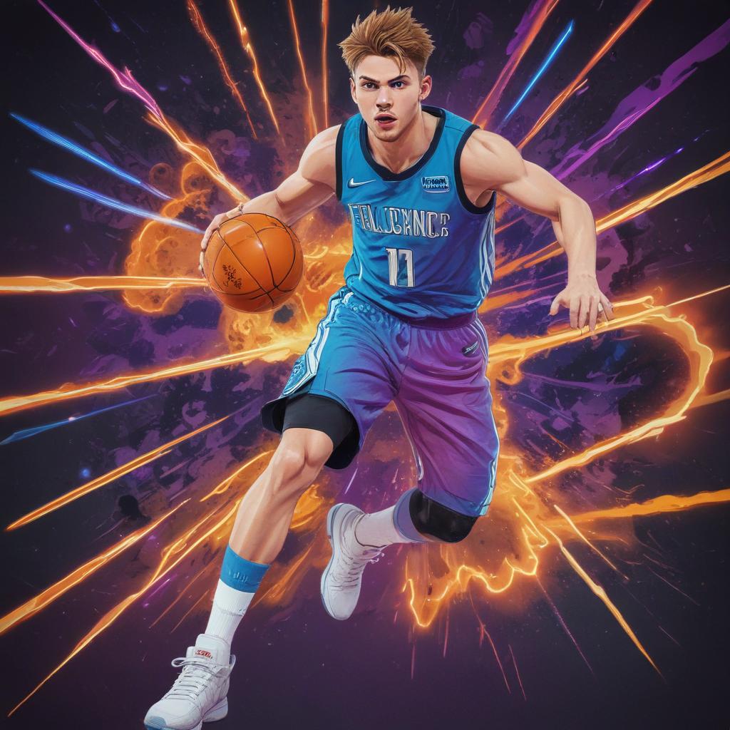 distance-shot, flashy, full-body, dynamic, holographic, animated cartoon poster of luka doncic in the style of dragon ball super